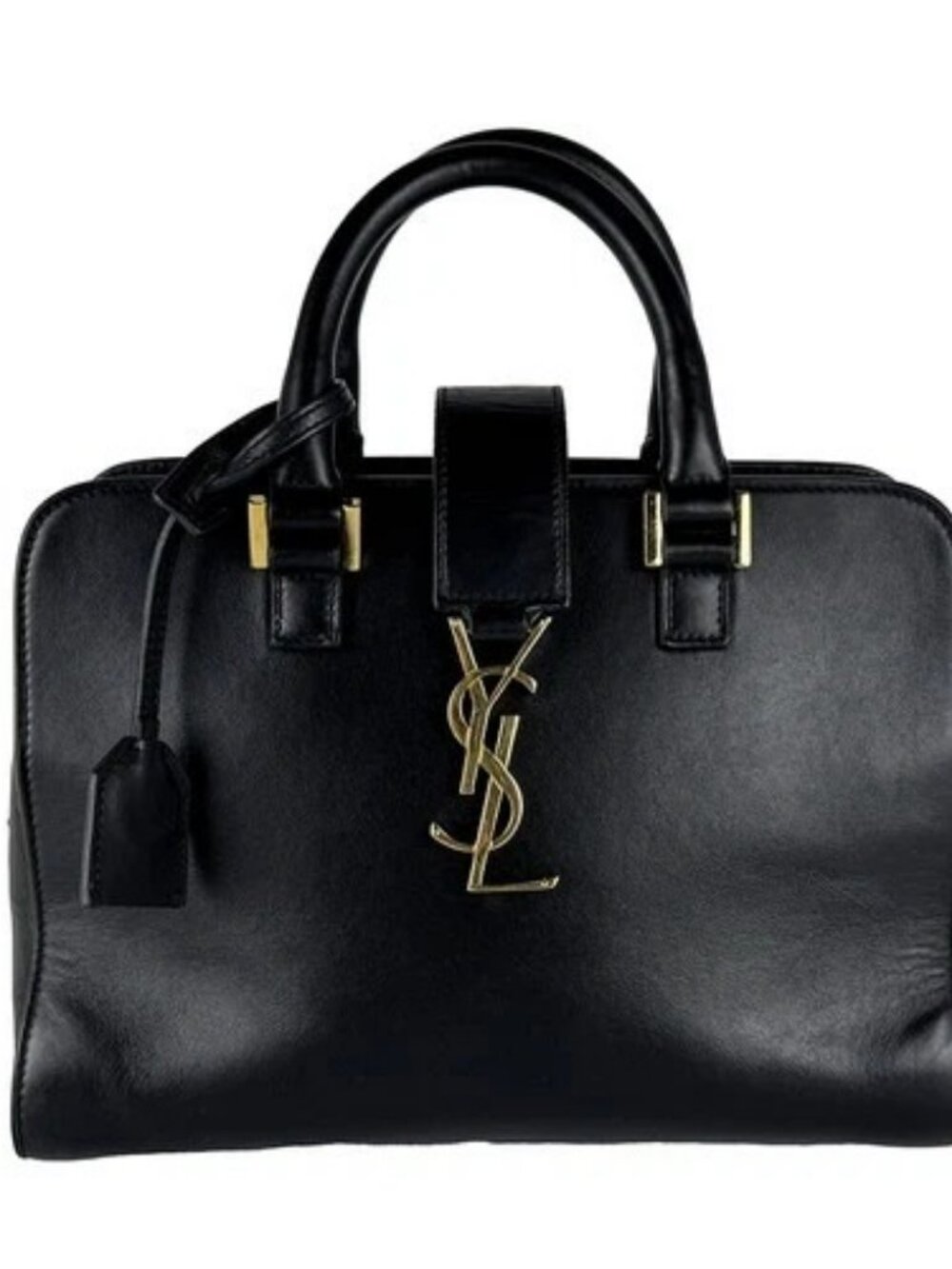 Auth SAINT LAURENT Baby Cabas Handbag Black Leather/Goldtone - z10921